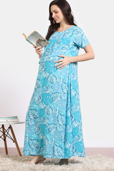 Coucou Maternity Woven Full Length Nightdress With Front Zipper And Discreet Feeding - Ocean Blue — image 4